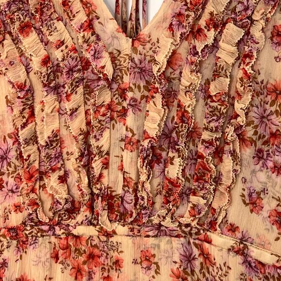 The Kooples Paris S Cottagecore Ruffle Midi Dress Tan Pink Floral Flowy Chiffon - Picture 6 of 16